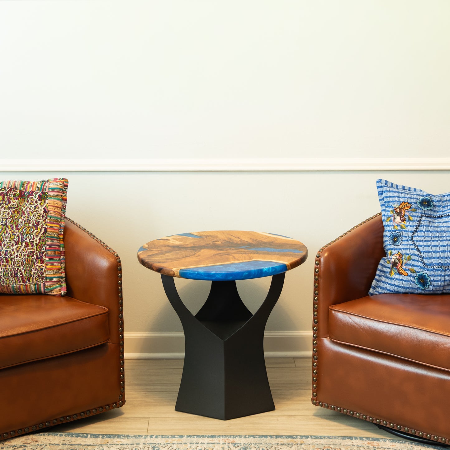 Mesquite side table with Blue accents