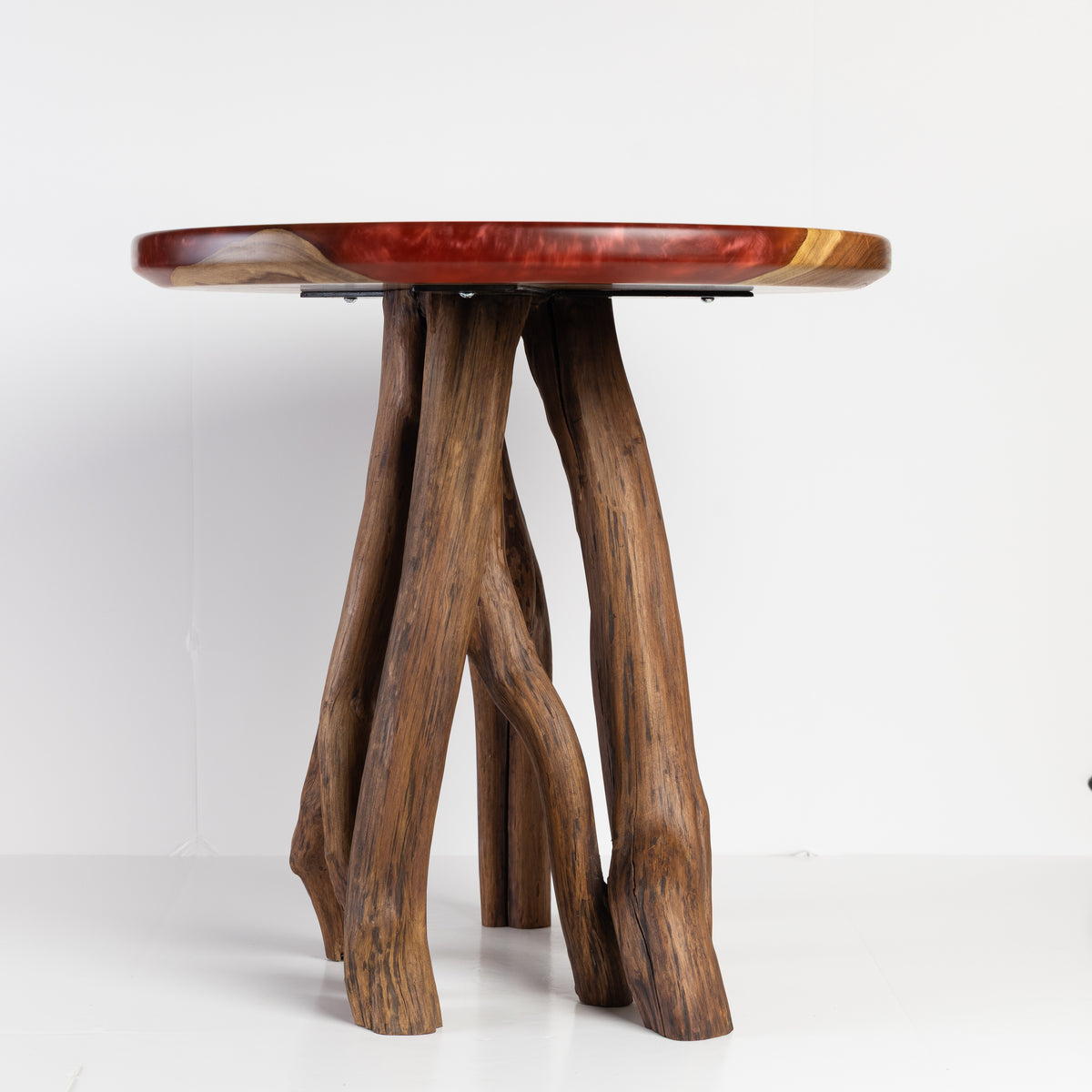 Mesquite Side Table with Merlot epoxy resin and natural Crepe Myrtle legs