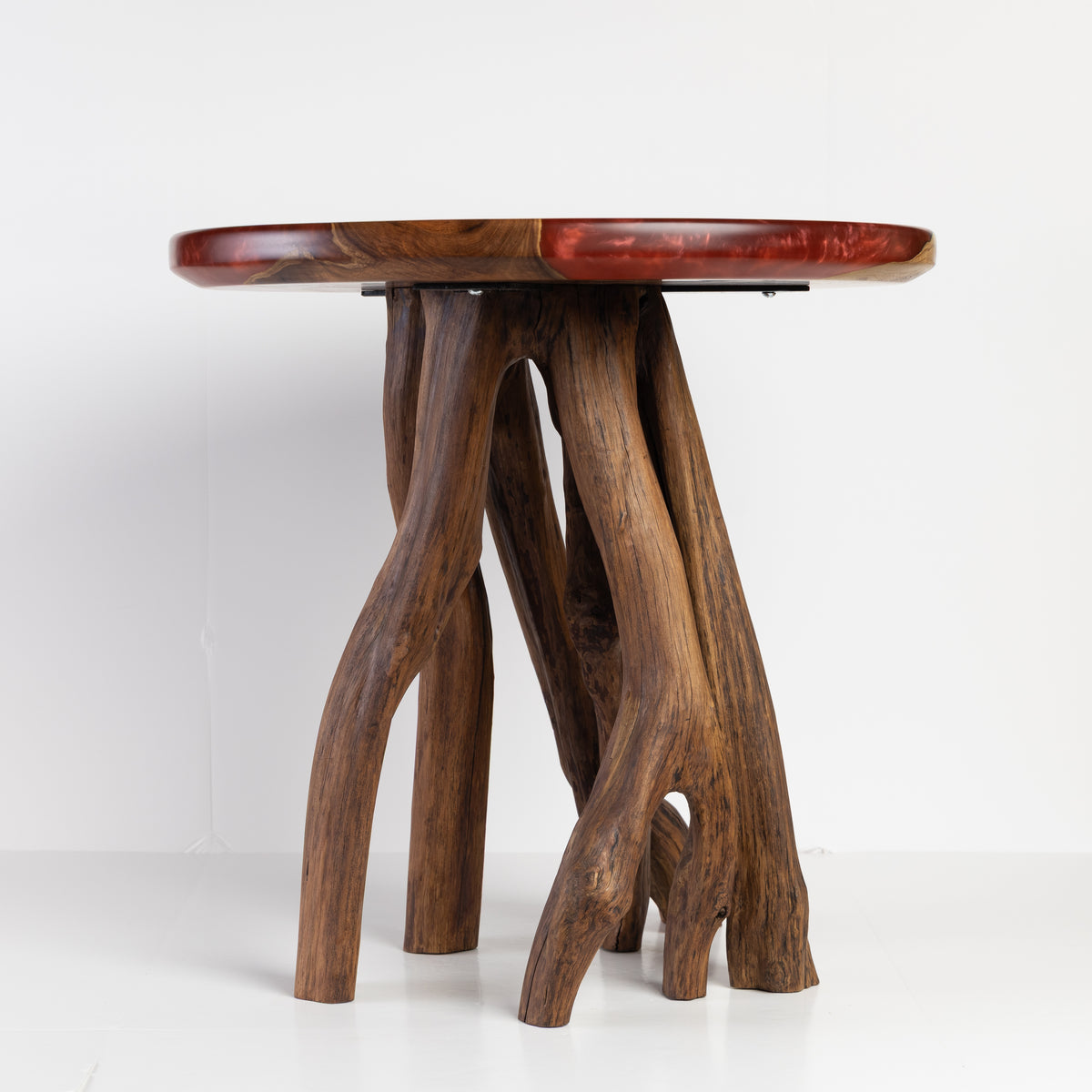 Mesquite Side Table with Merlot epoxy resin and natural Crepe Myrtle legs