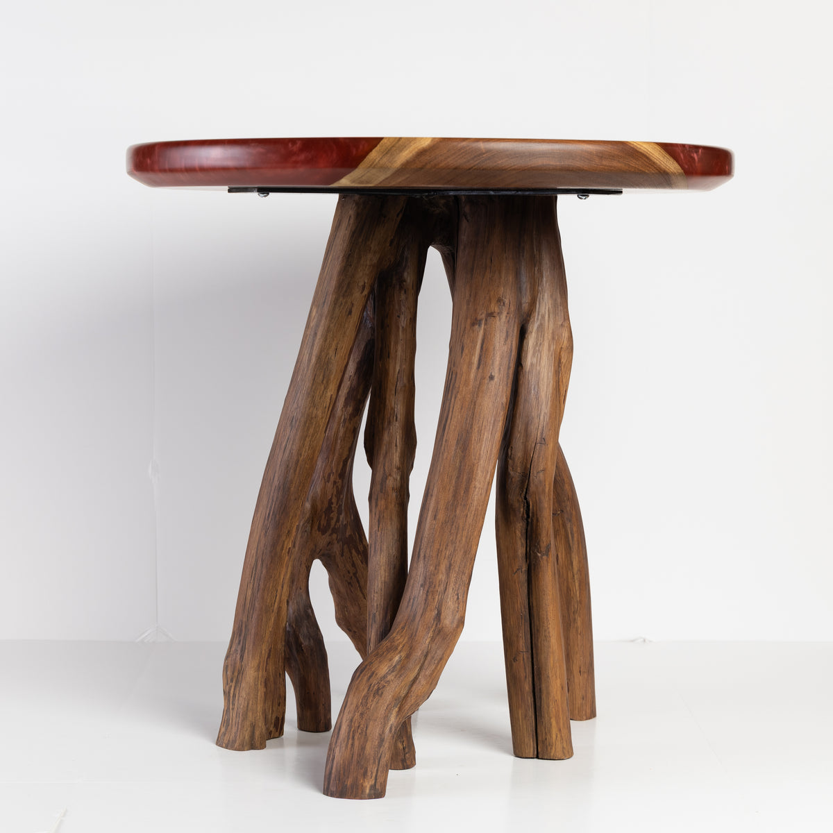 Mesquite Side Table with Merlot epoxy resin and natural Crepe Myrtle legs
