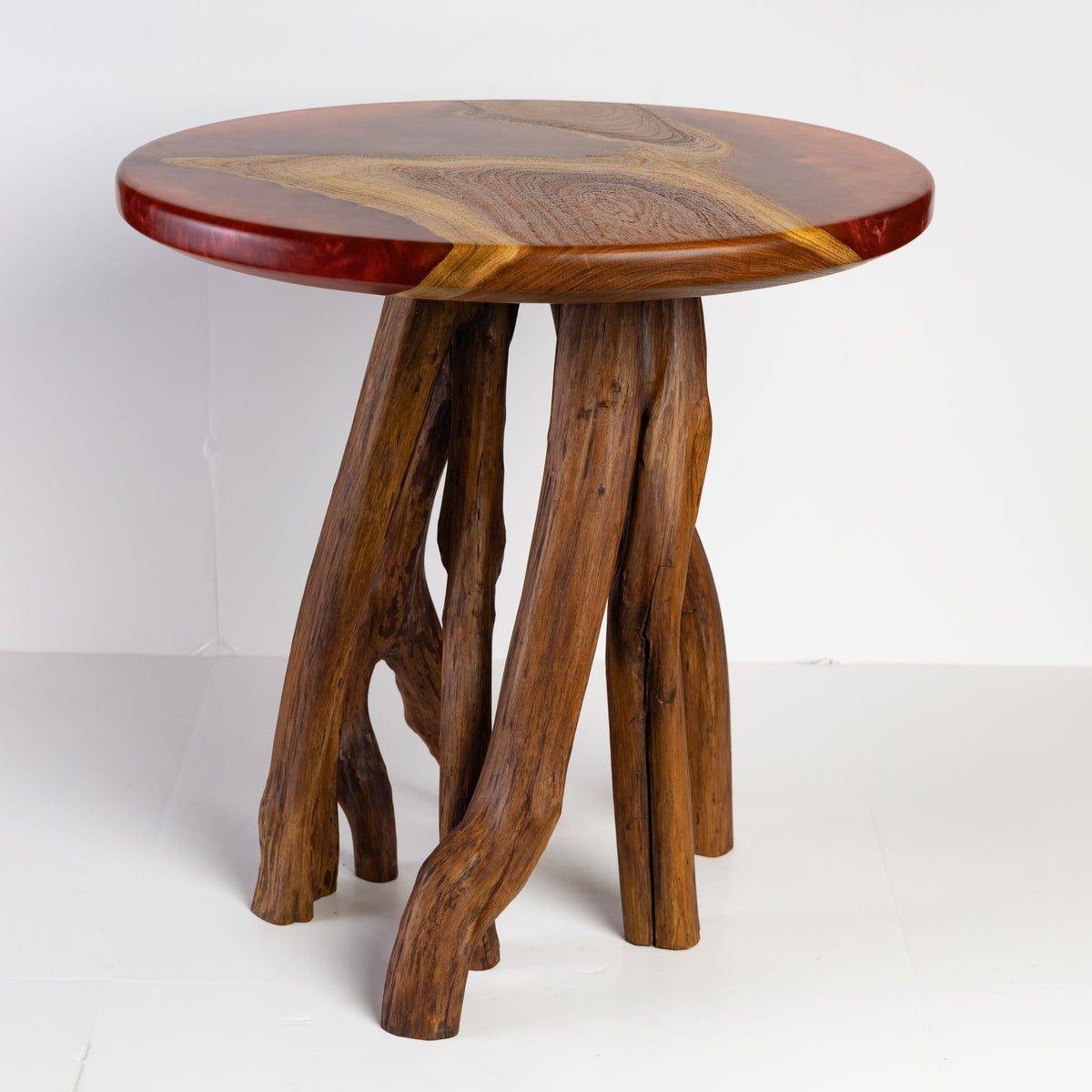 Mesquite Side Table with Merlot epoxy resin and natural Crepe Myrtle legs
