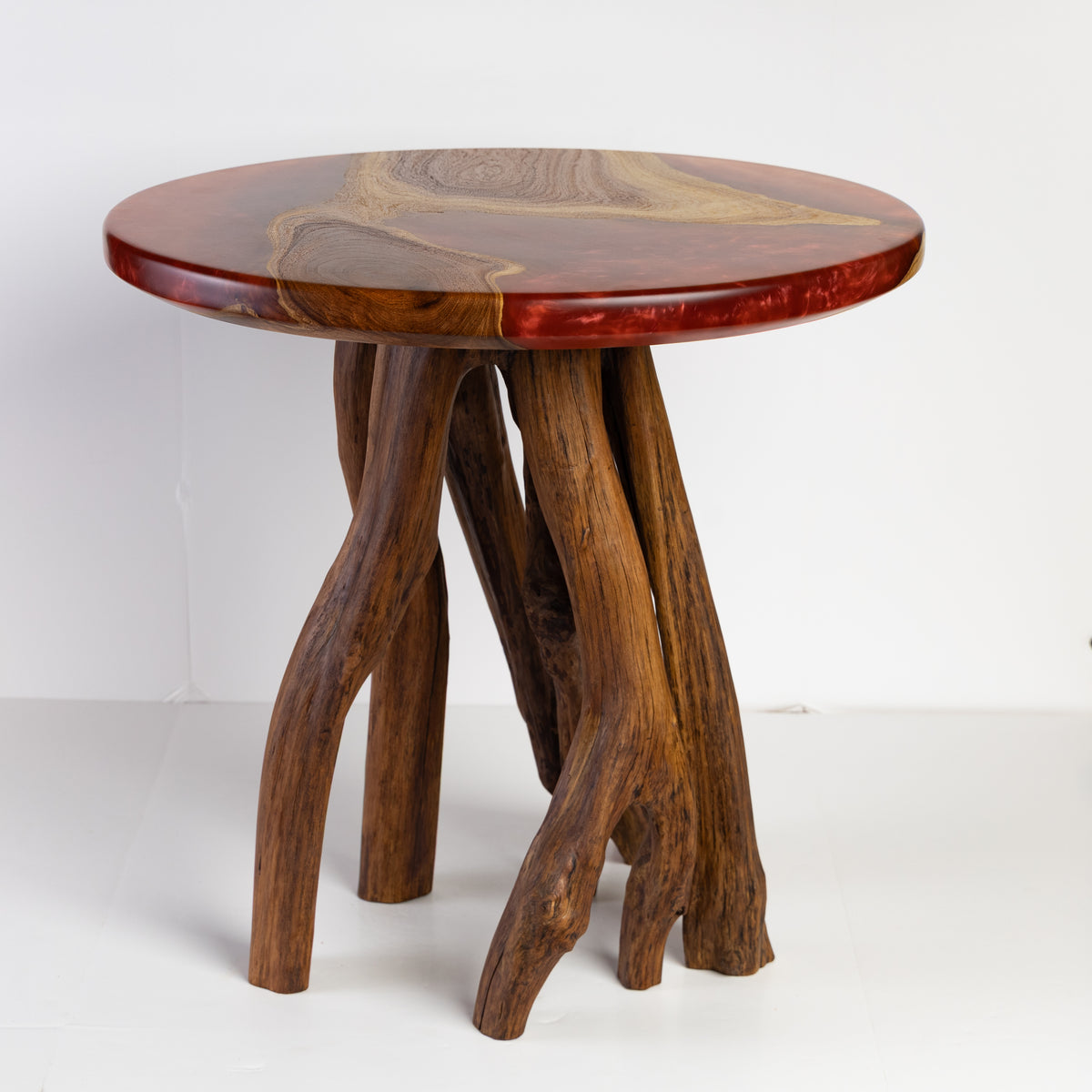 Mesquite Side Table with Merlot epoxy resin and natural Crepe Myrtle legs