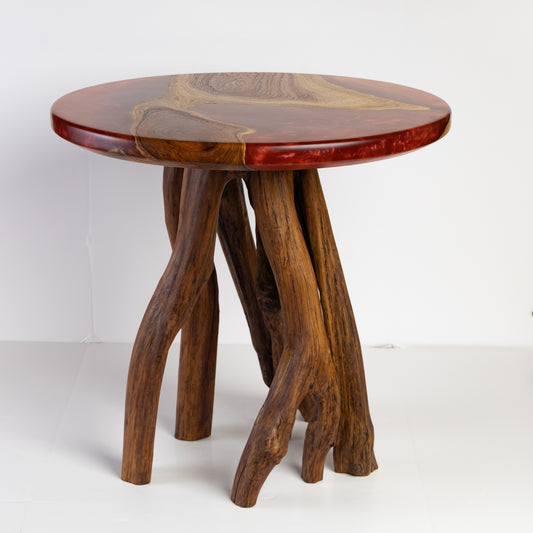 Mesquite Side Table with Merlot epoxy resin and natural Crepe Myrtle legs