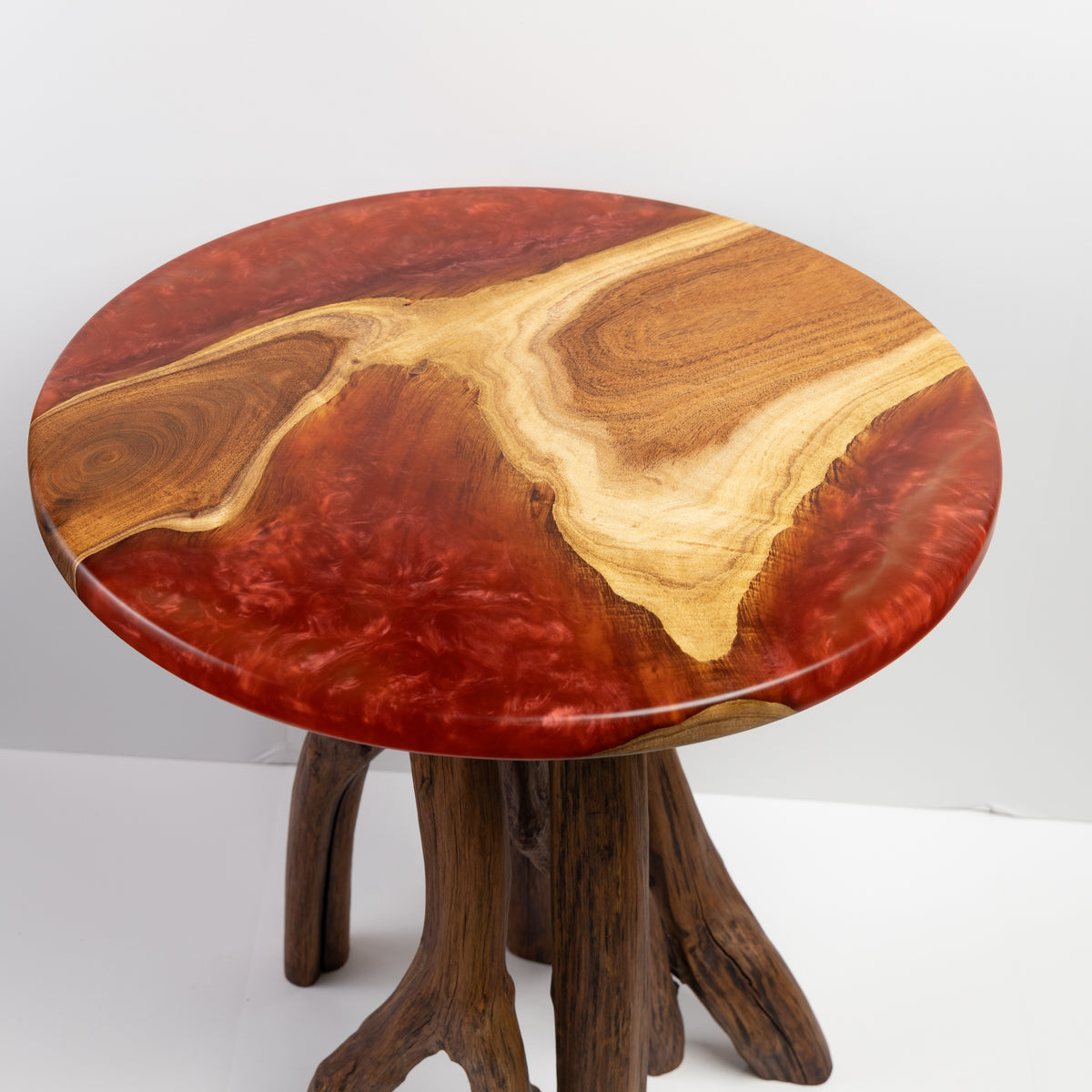 Mesquite Side Table with Merlot epoxy resin and natural Crepe Myrtle legs