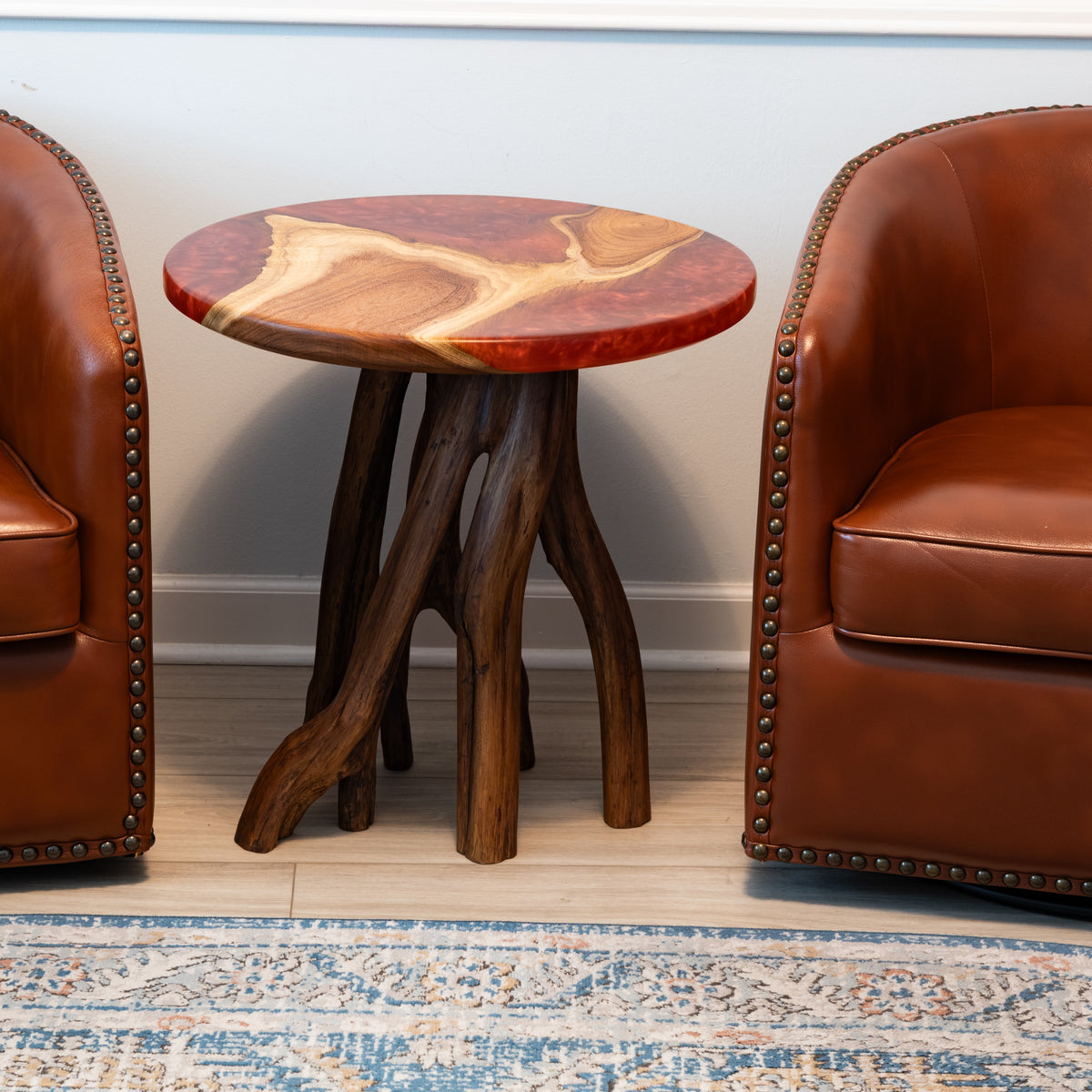 Mesquite Side Table with Merlot epoxy resin and natural Crepe Myrtle legs